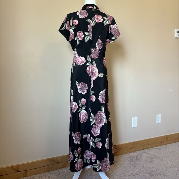 BYER TOO! Vintage 90s Black Floral Print Maxi Dress Empire Waist Key Hole Collar - Picture 7 of 11